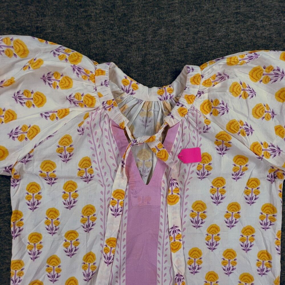 Ivy Jane Border Block Print Blouse Designer Sample M Yellow Purple Cotton Top - Picture 6 of 7